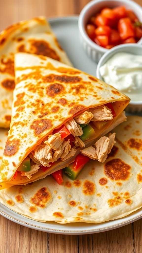 Low-calorie chicken quesadilla filled with chicken, peppers, and cheese, served with salsa and yogurt.